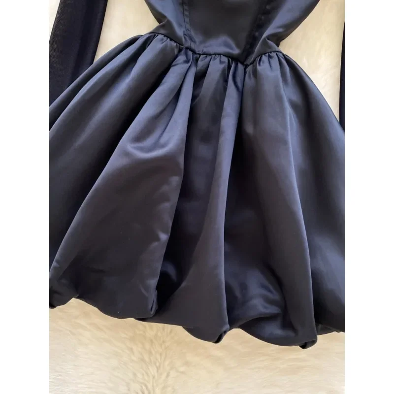 Neue Mode Vintage Schwarz Mini Kleid Frauen Schlank Perspektive Mesh Lange ärmeln Nähte Enge Taille Puffy Knospe Kleid Vestidos