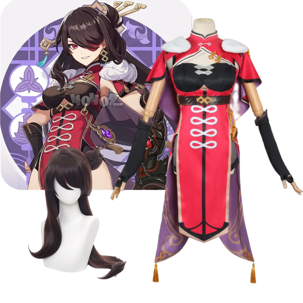 Anime Genshin Impact Beidou Cosplay Traje Feminino, Vestido Preto e Vermelho, Roupas de Halloween