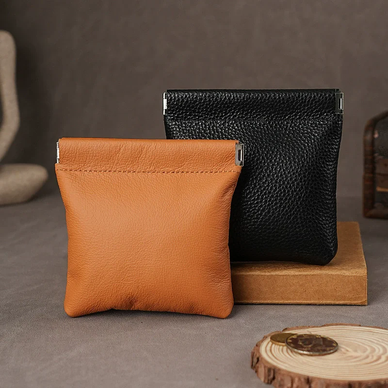 Genuine Leather Square Pocket Coin Purse Self Closing Key Wallet Women Men Small Short Money Change Bag Little Purse Card Holder