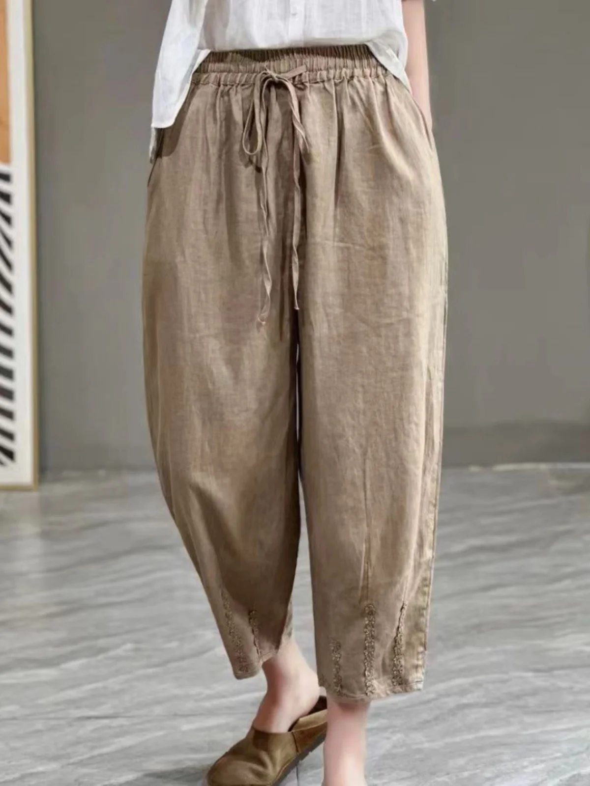 الفني لون نقي الدانتيل المرقعة القطن الكتان سراويلي حريمي الصيف حجم كبير المرأة عالية الخصر مربوط عادية سبعة أقدام السراويل