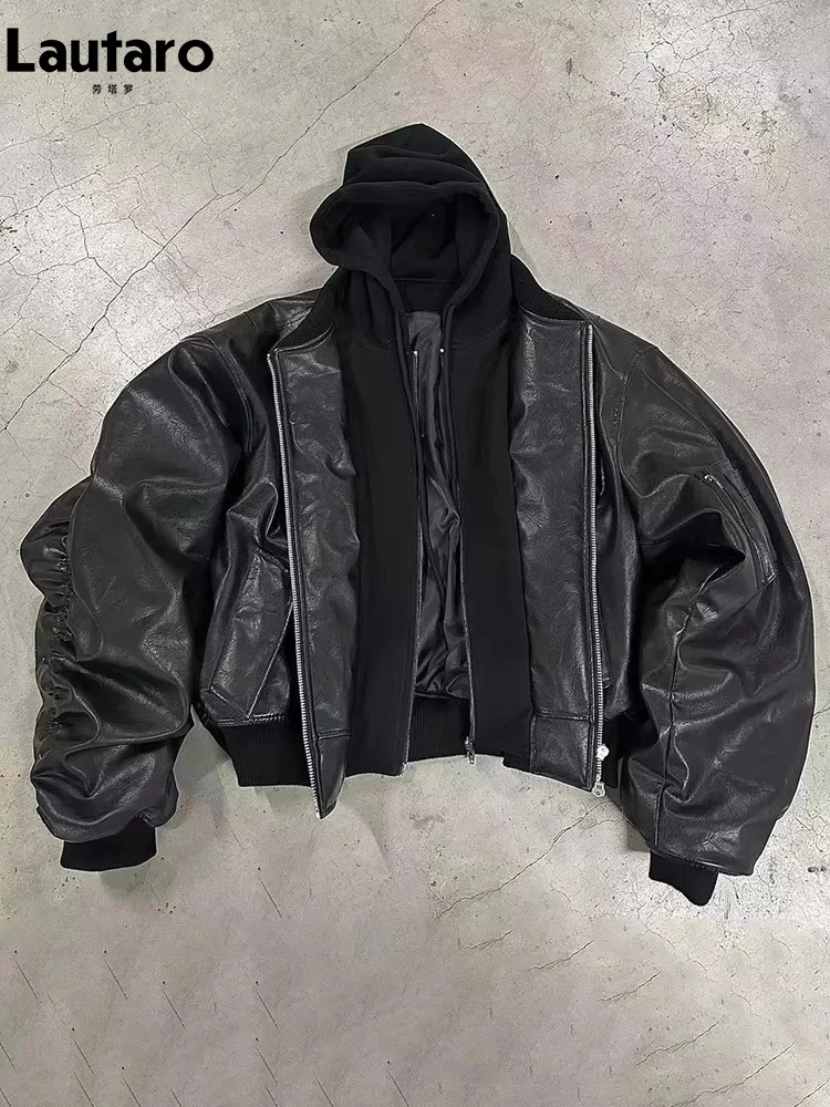 Lautaro Autumn Winter Oversized Thickened Warm Red Black Pu Leather Jacket Men Luxury Designer Unisex Clothes Cool Grey Hoodie