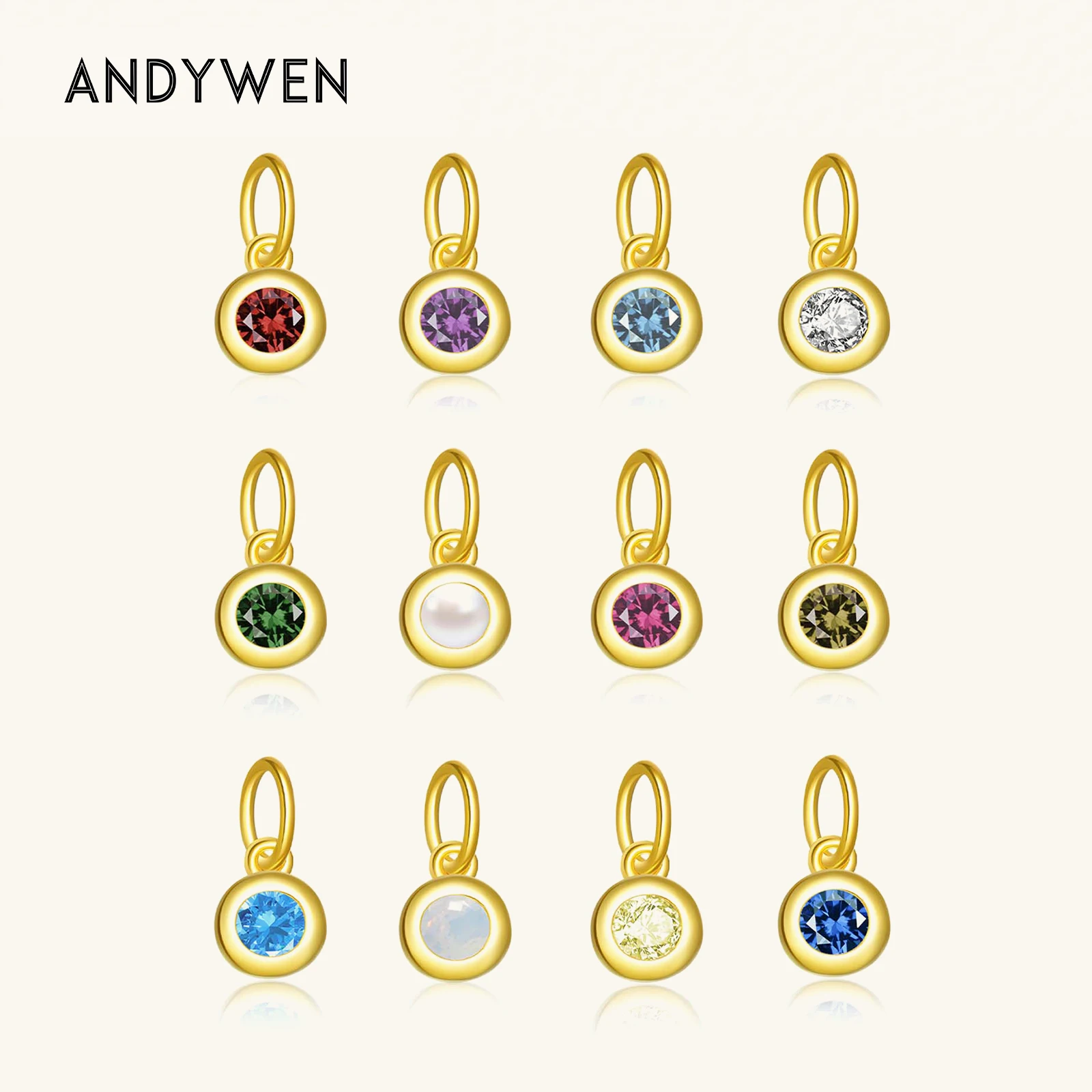 ANDYWEN 925 Sterling Silver 12 Months Birthstone Zircon CZ Pendant Charm For Necklace Bracelet DIY Making Choker Women Jewelry