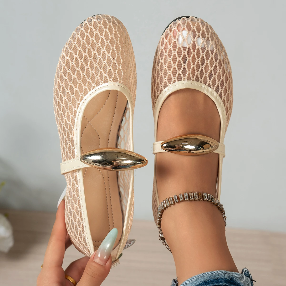 Women Flats Mesh Ballet Fishnet Ballerina Shoes Women Comfortable Round Toe Loafers Breathable Casual Walking Sneakers Women