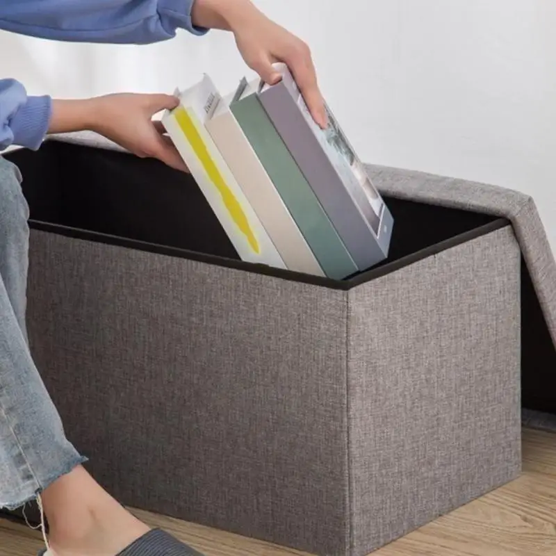 Foldable Ottoman Bench Seat Multifunctional Shoe Changing Stool Cotton Linen Foot Rest Stool Rectangular Storage Bin Box