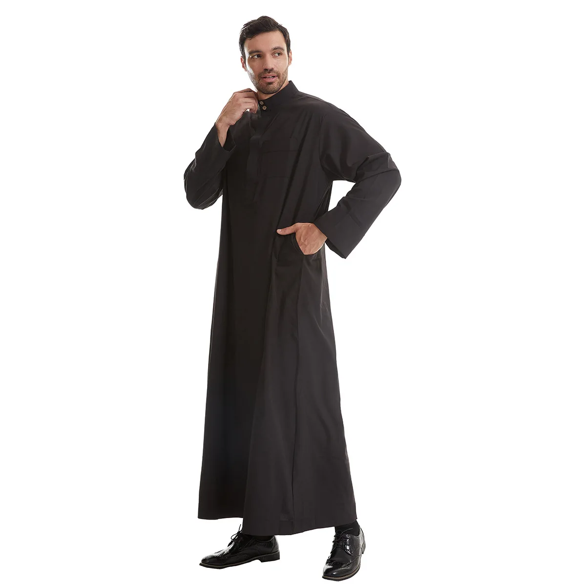 Moslim Mannen Lange Mouwen Opstaande Kraag Pure Kleur Knoop Gewaad Arabische Volwassen Enkellengte Thobe Ramadan Eid Kleding