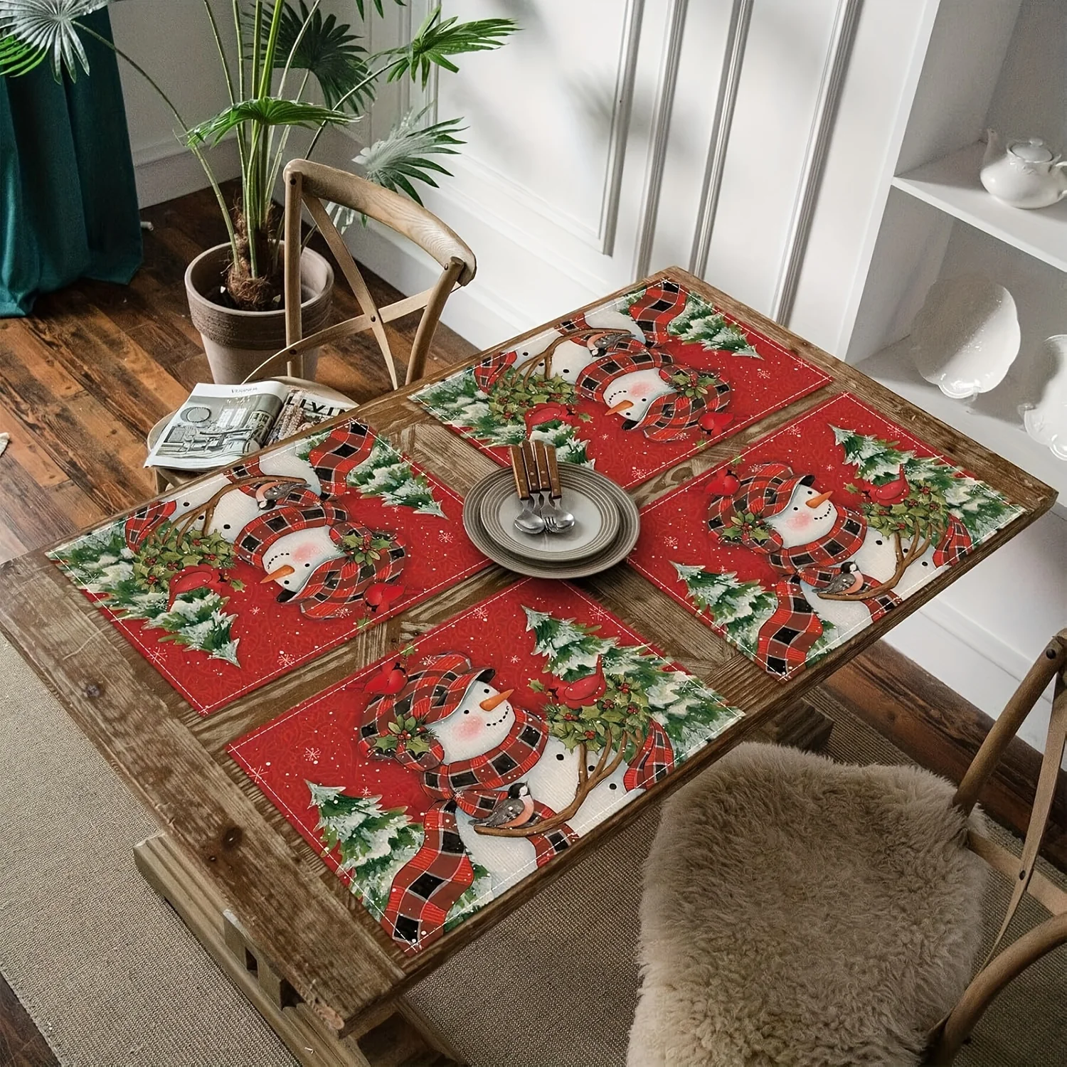 1PCS Red Snowman Merry Christmas Placemats, Winter Christmas Bird Table Mat, Seasonal Holiday Snowflakes And Trees