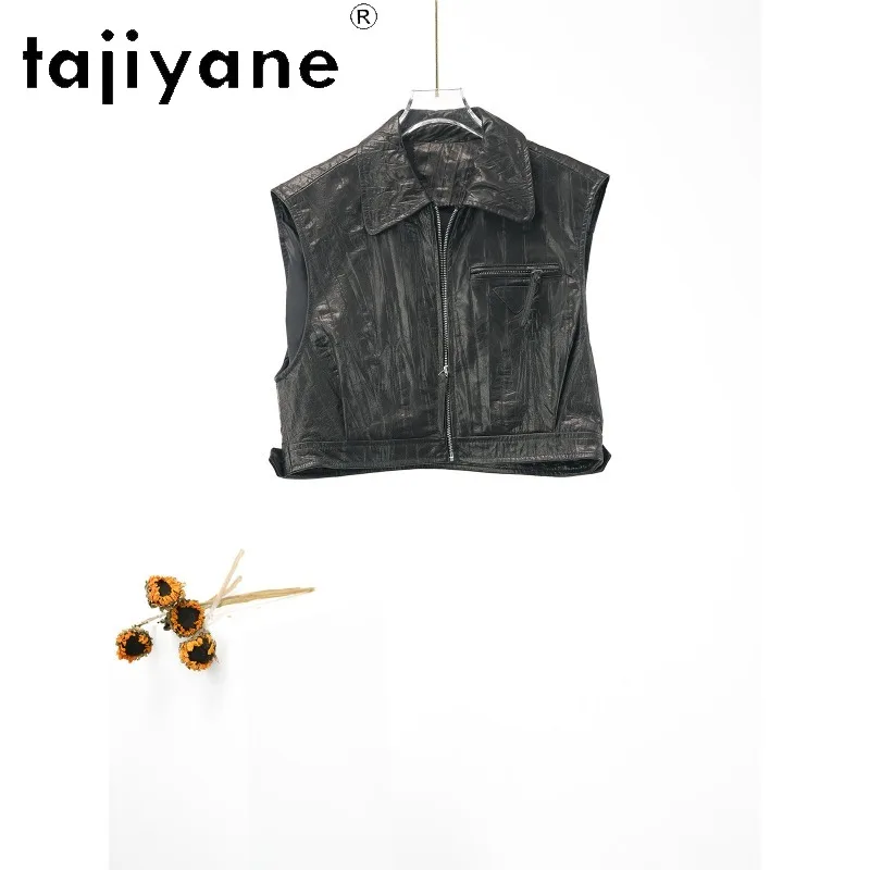 TAJIYANE Genuine Sheepskin Leather Vest Sleeveless Waxed Leather Jacket Woman Wrinkled Waistcoat Zipper Crop Veste Femme 자켓 2026