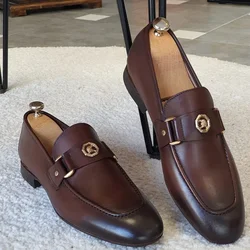 Mocassins de negócios marrons para homens, sapatos de vestido, toe quadrado slip-on sheos, tamanho 38 a 48