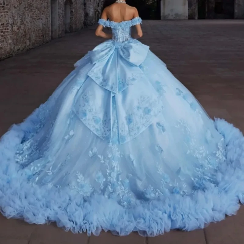 

A1751 Gorgeous Women Birthday Party Dress Flower Applique Bow Ball Gown Women Prom Special Occasion Wear Sweet 15 16 Customized