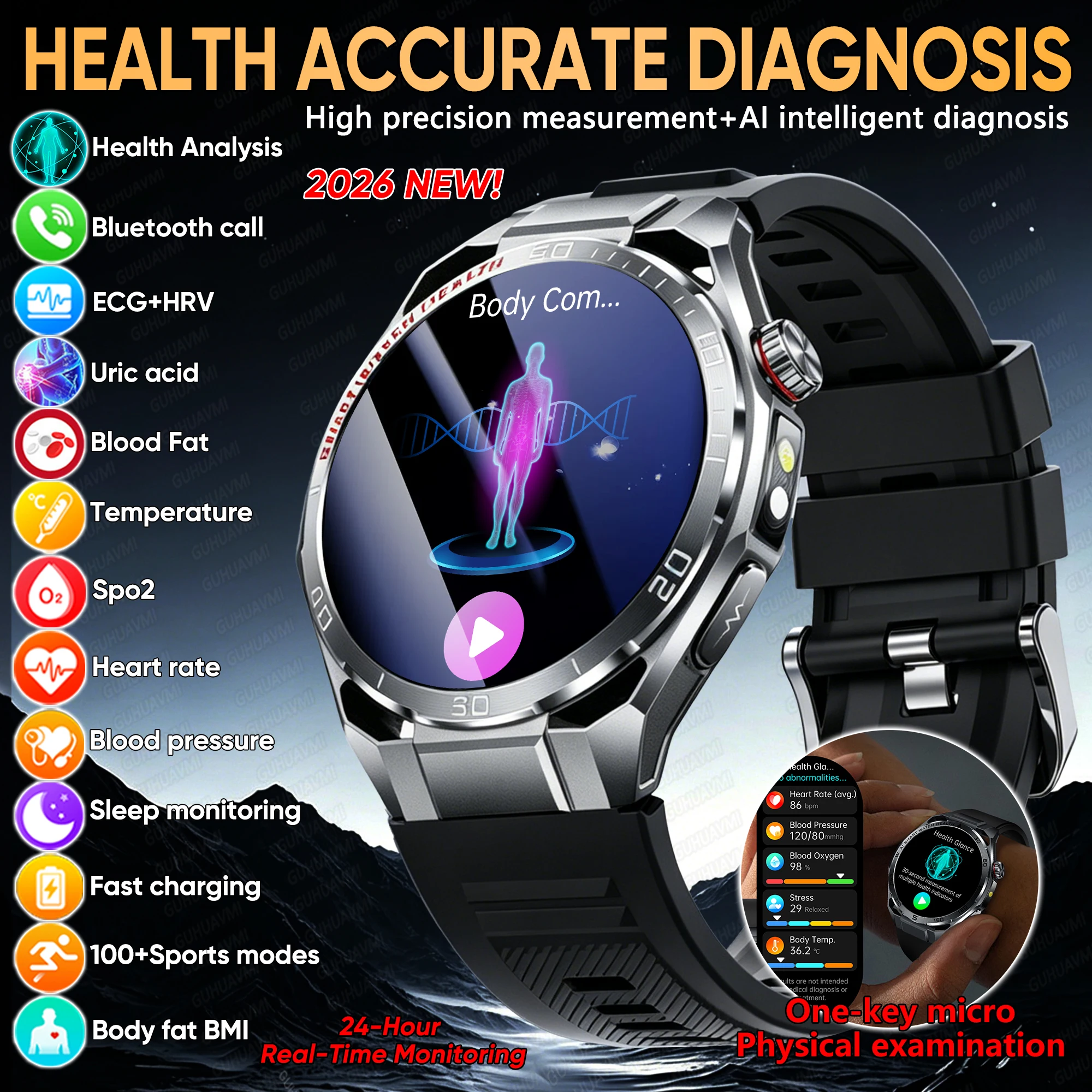 2026 New Accurate Health Analysis Smart Watch Men ECG Heart 