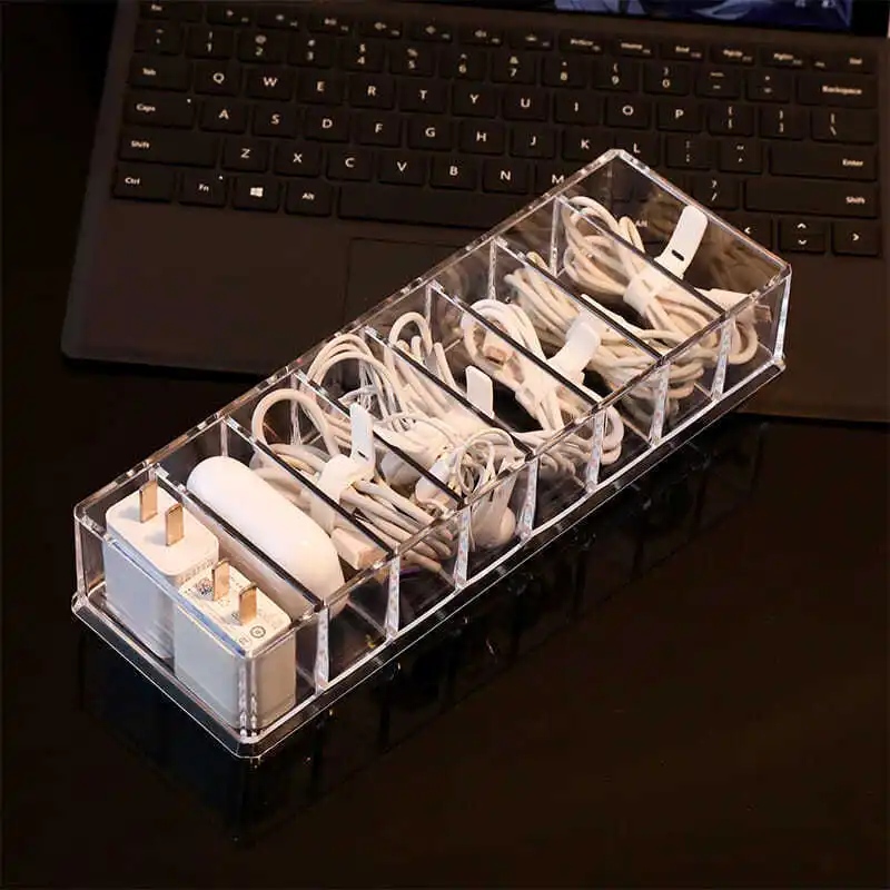 1pc Transparent Plastic 7Grids Desktop Data Cable Storage Box MobilePhone Charger Charging Cable Finishing Box Divided Grid Box