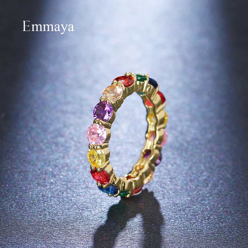 EMMAYA Handmade Eternity Promise Gold Color Crystal Ring AAA CZ Zirconia Engagement Wedding Band Rings Women Men Finger Party Je