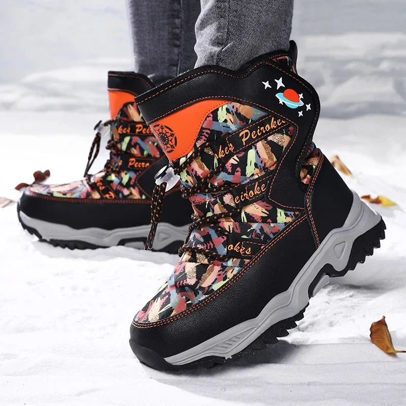 Winter Children Plush Shoes Boys Snow Boots Rubber Sole Colorful Printing Booties Kids Footwear Size 26-38# From 4-9Y 9969