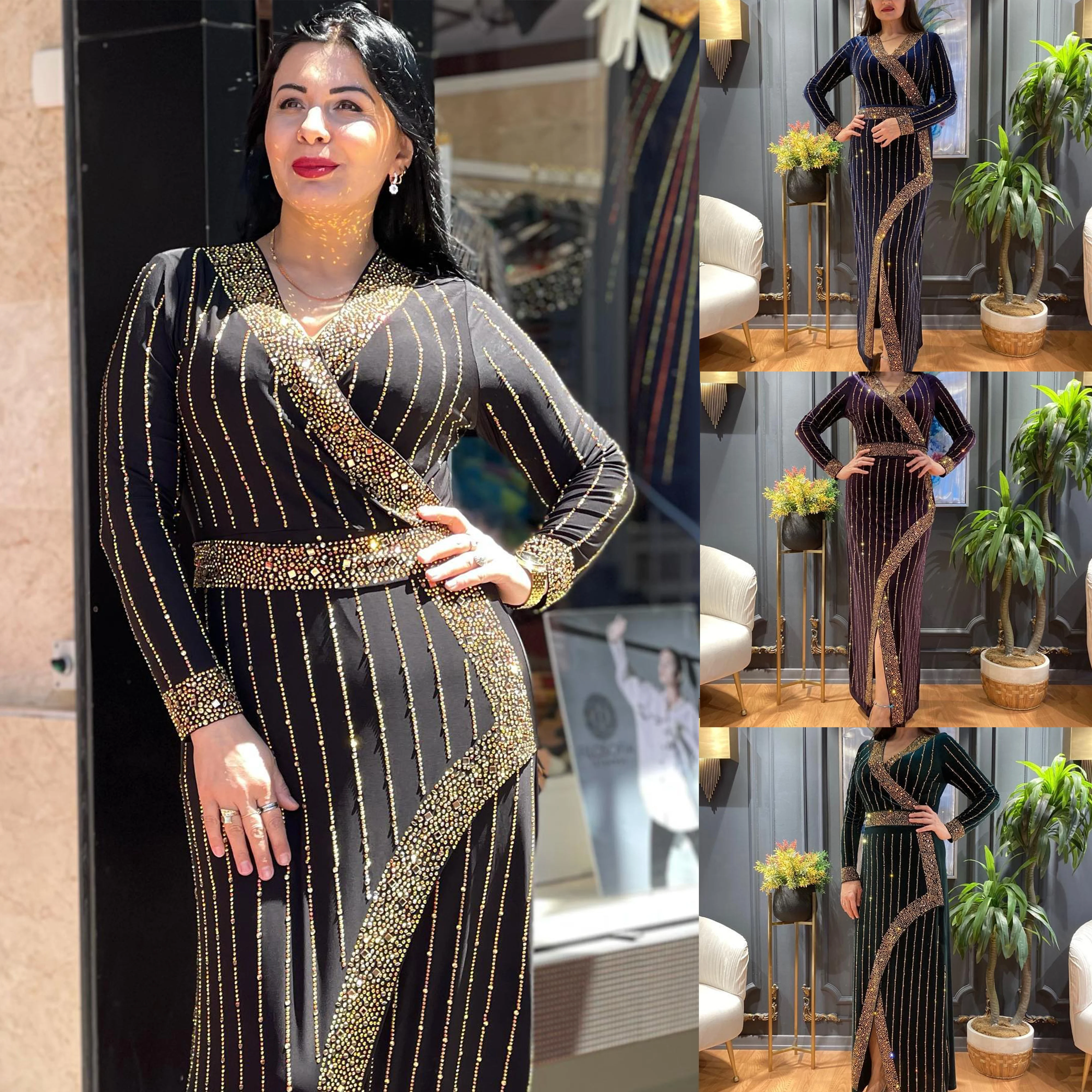 2024 Middle East Africa plus size women\'s dress robe velvet hot diamond v-neck long sleeve dress slim dress long skirt