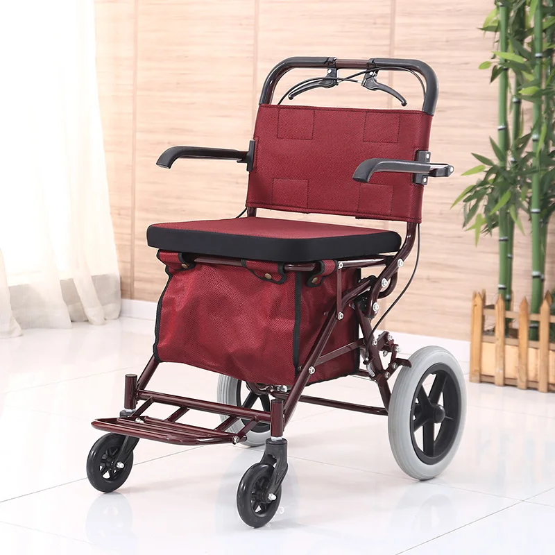 

Senior's Four-Wheeled Shopping Cart, Fold Elderly Trolley Walker, Red Color Helper Crutch