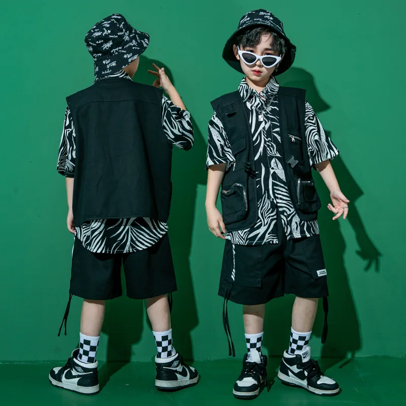 Boys Hip Hop Clothing Summer Street Dance Costume Kids Black Vest Zebra Shirt Girls Jazz Concert Performance Outfit Stage Wear