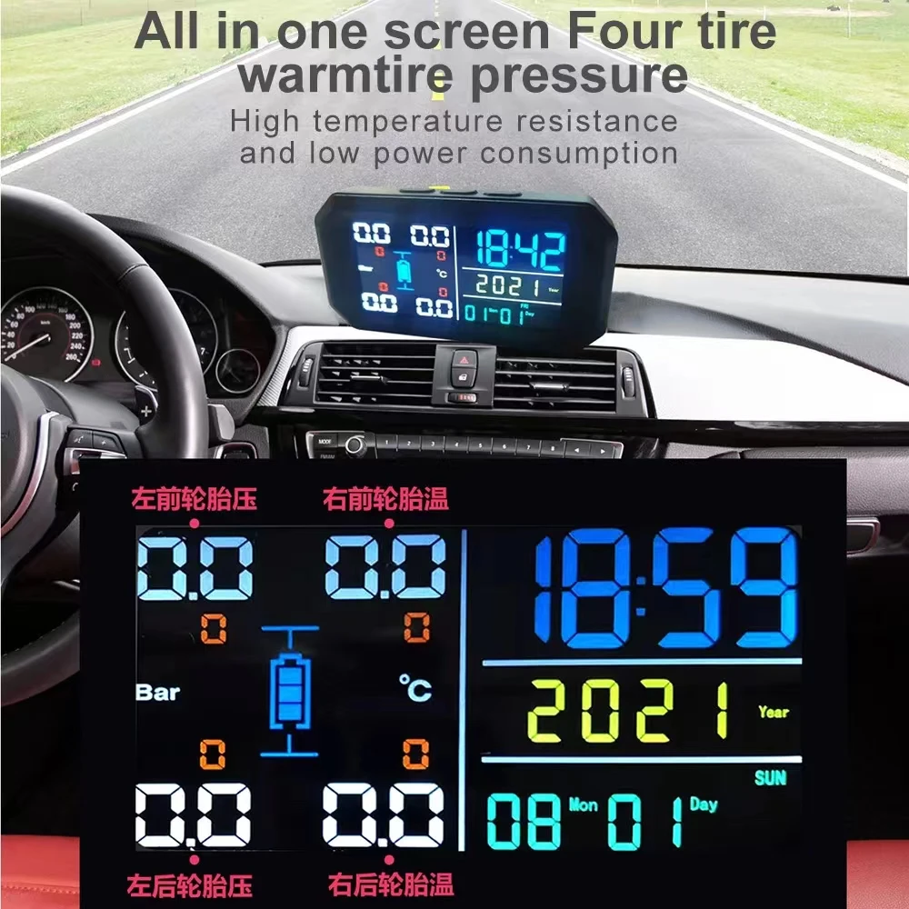 T13 Solar Power TPMS Car Tire Pressure Monitoring System Alarm Tyre Air Pressure meter Gauge Temperature Warning With 4 Sensors