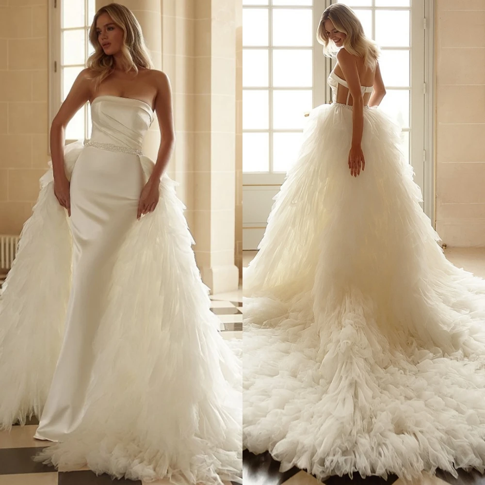 

Customized Graceful Satin Mermaid Evening Dress Classic Strapless Prom Dresses Fashion Chapel Train Special Occasion Gowns