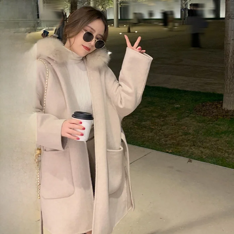 

Ele Double-Faced Woolen Jaet with Hood for Women by HUANG ZUO ZUO Commute Sle Long Sve Mid-Length Pure Color