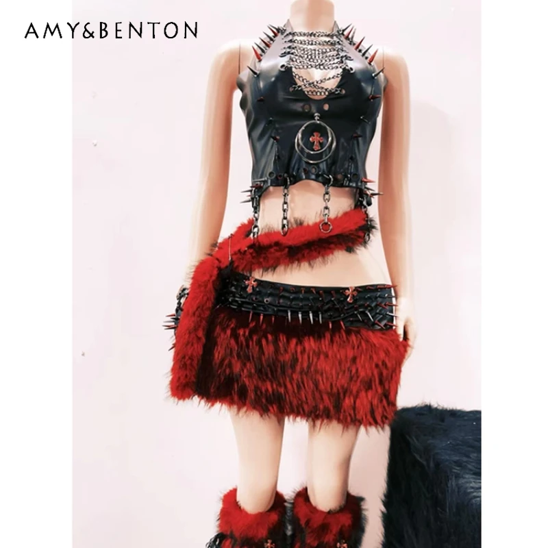 

Панк-готика, темно-сладкий крутой женский жилет, оригинальный дизайн, нерегулярная кисточка, сексуальная мини-юбка, комплект для ног, перчатки, комплект из четырех предметов, женский комплект