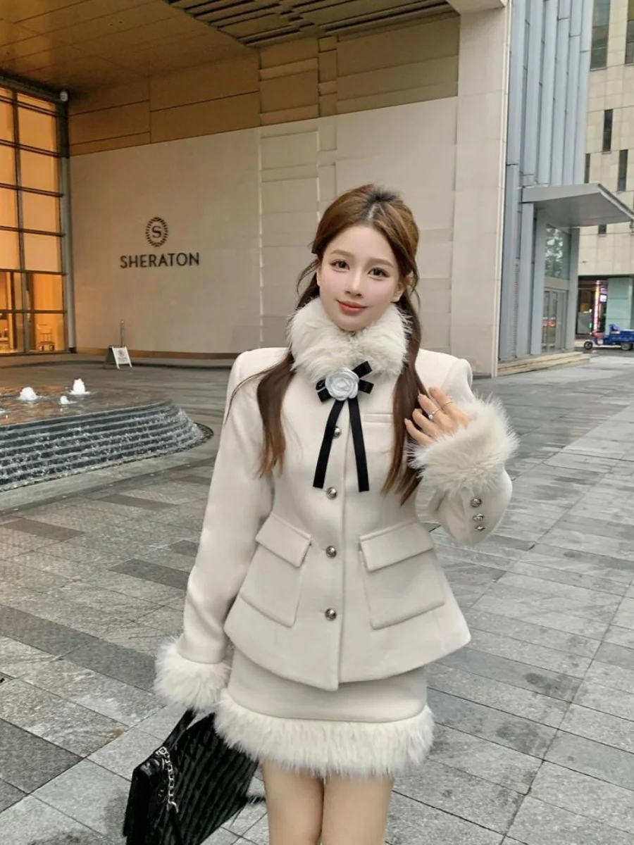 

UNXX Tweed Fur-Collar Coat Rich Heiress Set for Women Female Office Lady Autumn Winter Pencil Skirt Two-Piece Short Skirt Trendy