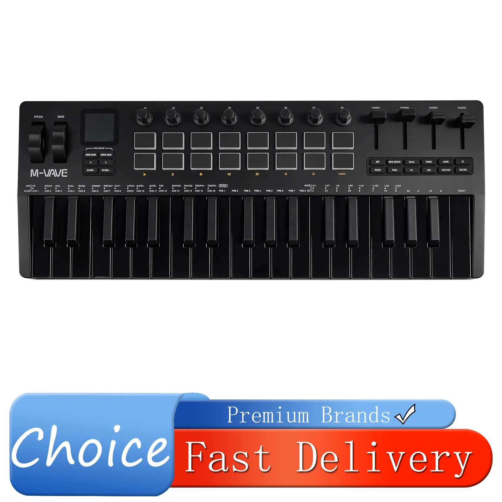 M-VAVE SMK-37 Pro 37-Key MIDI Controller With 16 RGB Pads 8 Knobs Built-in Synthesizer Portable Black Keyboard MIDI Controller