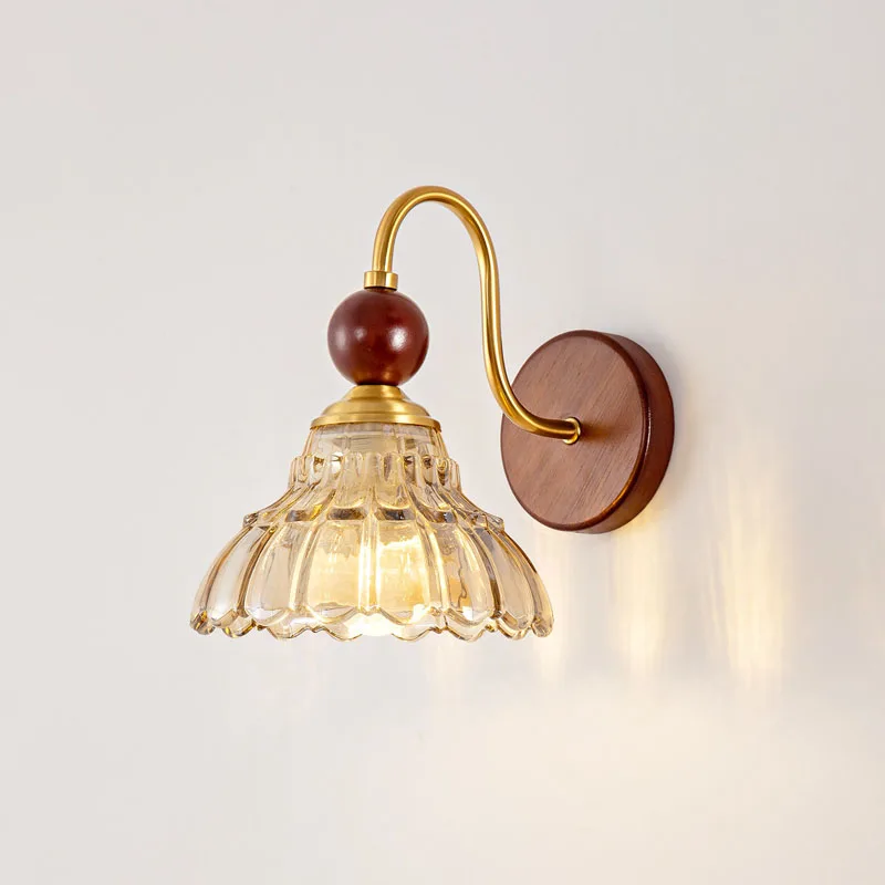 French Medieval Style Bedside Lamp American Retro Solid Wood Living Room Study Corridor Staircase Glass Bedroom Wall Sconce