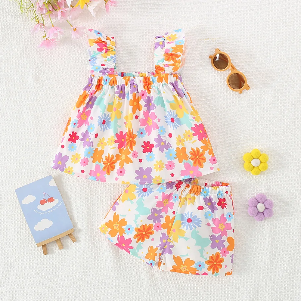 3 Months To 2 Years Old Summer New Beach Party Baby Girl Two-Piece Set, Colorful Floral Children\'S Clothes