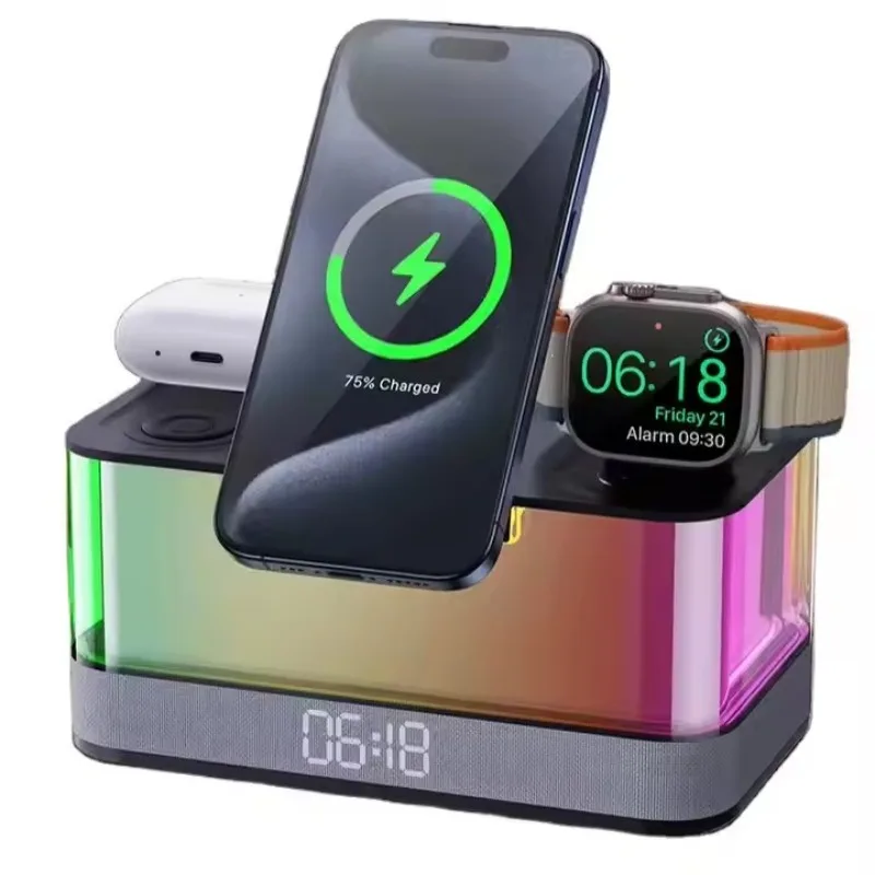 Multi-function Wireless Fast Charger Bluetooth Speakers LED Digital Display Sleep Timer with Snooze Function for Alarm Clock