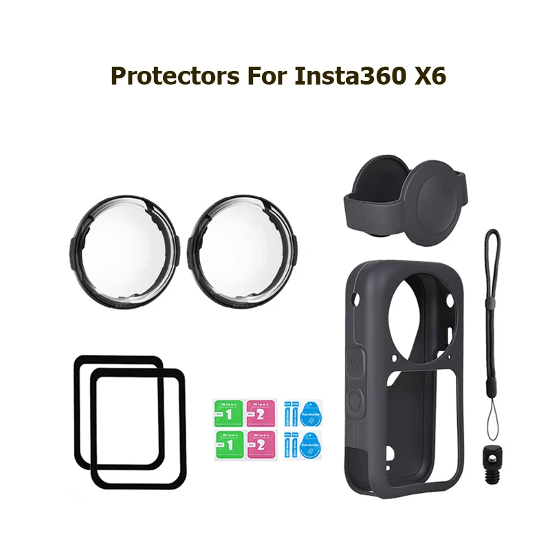 Image of Für Insta360 X6 Panzerglasfolie Objektivschutzabdeckung Anti-Verlust-Seil Silikon-Schutzhülle Kappe Kamera-Zubehör-Set