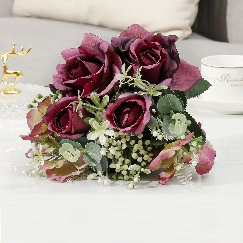 Silk Artificial Flowers Office Decor Twin Roses Bouquet Indoor and Outdoor Decoration Fake Flower Simulation White Rose Plant