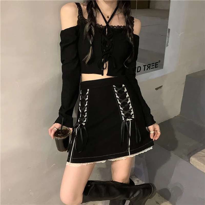 Black Lace Goth Skirt Women Streetwear Chic Belt Mini Fairy Grunge Skirts Patchwork Design Sexy Causal Skirts Womens 2021 Summer