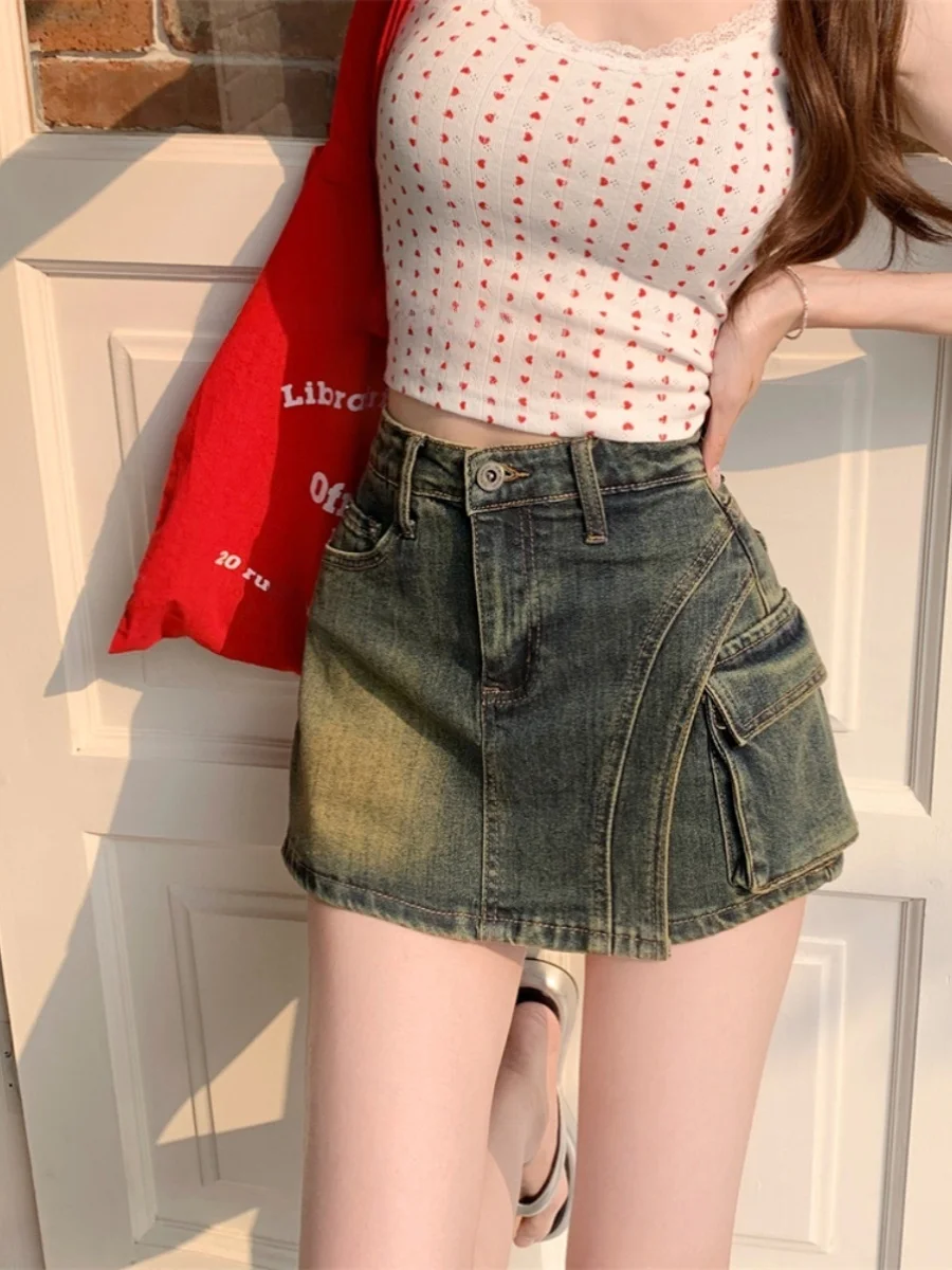 

Джинсовая юбка с высокой талией женская летняя 2025 года, новая, больших размеров, облегающая, с защитой от просвечивания, в корейском стиле, на пуговицах и молнии