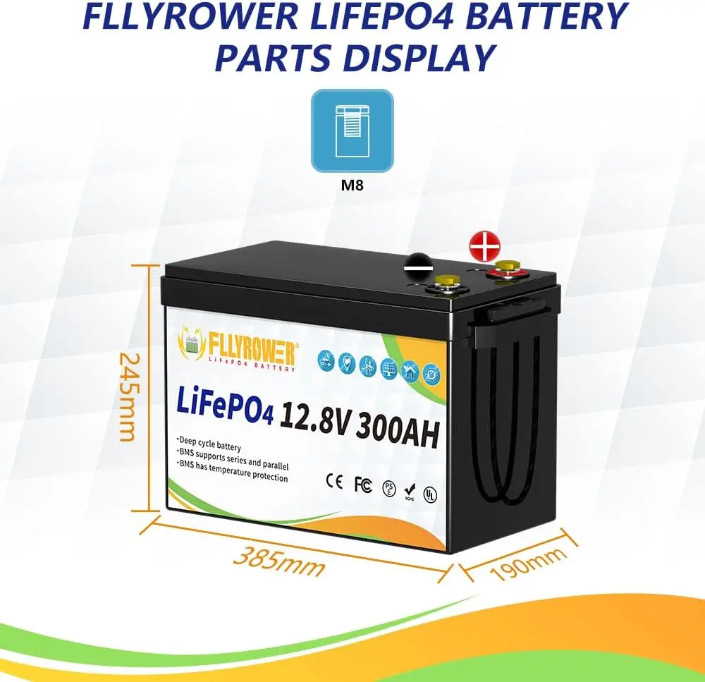 Fllyrower EU/US/CA/JP Stock 12V 100ah 180ah 300Ah Lifepo4 batteria ricaricabile agli ioni di litio