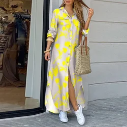 Fashion Shirt Dress Women Turn Down Collar Long Sleeve Button Long Dresses For Women Vintage Print Maxi Dresses Sundress 2023