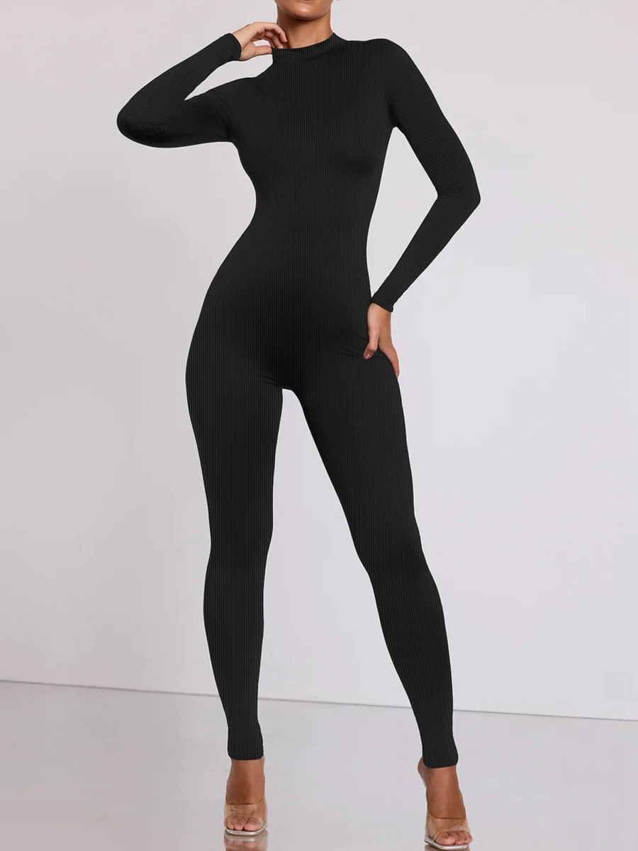 

Women's Casual Ribbed Long Sleeve Jumpsuit Pants Round Neck Workout Rompers Unitard Leggings