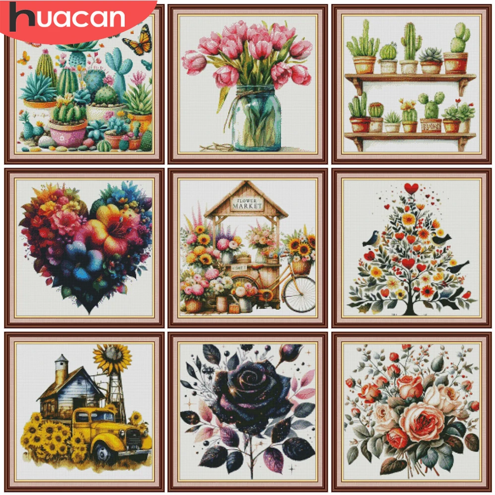 HUACAN 11CT Set für Kreuzstickerei, Sukkulenten, Pflanzen, Blumen, DIY-Hobbys, Handarbeiten, Blumenmuster, Basteln für Erwachsene, dekorative Gemälde