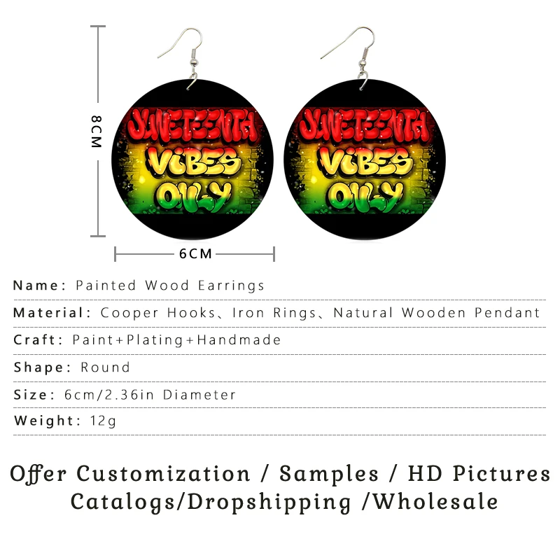 SOMESOOR 6Pairs Juneteenth Vibes Design Wooden Drop Earrings Jewelry For Black Women African Colors Round Pendant Loops Dangle