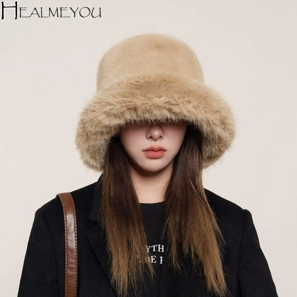 

Fashion Fluffy Hat Artificial Fur Hat Warm Thickened Plush Bucket Hat Ear Protection Hat Imitation Fur Winter Cap Streetwear