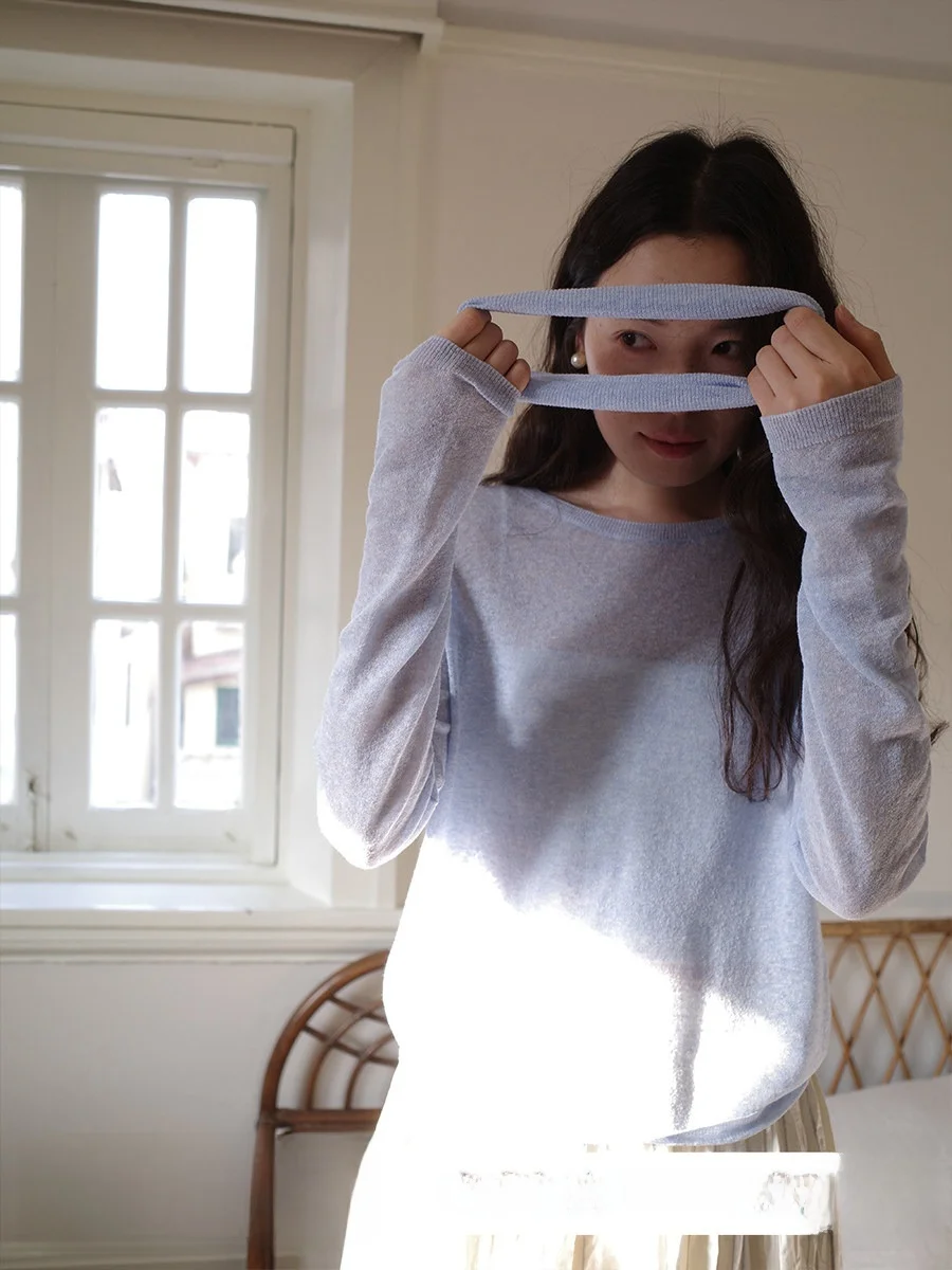 

Легкая трикотажная футболка из льна и хлопка с длинным рукавом, круглым вырезом, VI Six in One, удобный солнцезащитный топ