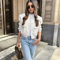 HXAO Woman Bomber Jacket Coat White Autumn Winter Button Baseball Aviator Cropped Jackets for Women Long Sleeve Crop Outerwear - Image 6