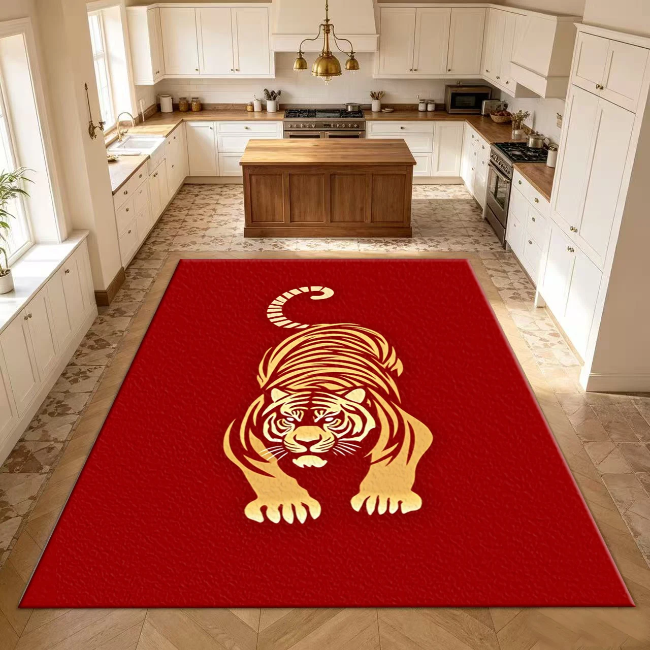 Red Background with Golden Tiger Pattern Carpet, Stylish Printed Carpet, Home Floor Mat Suitable for Living Room and Bedroom Decoration
