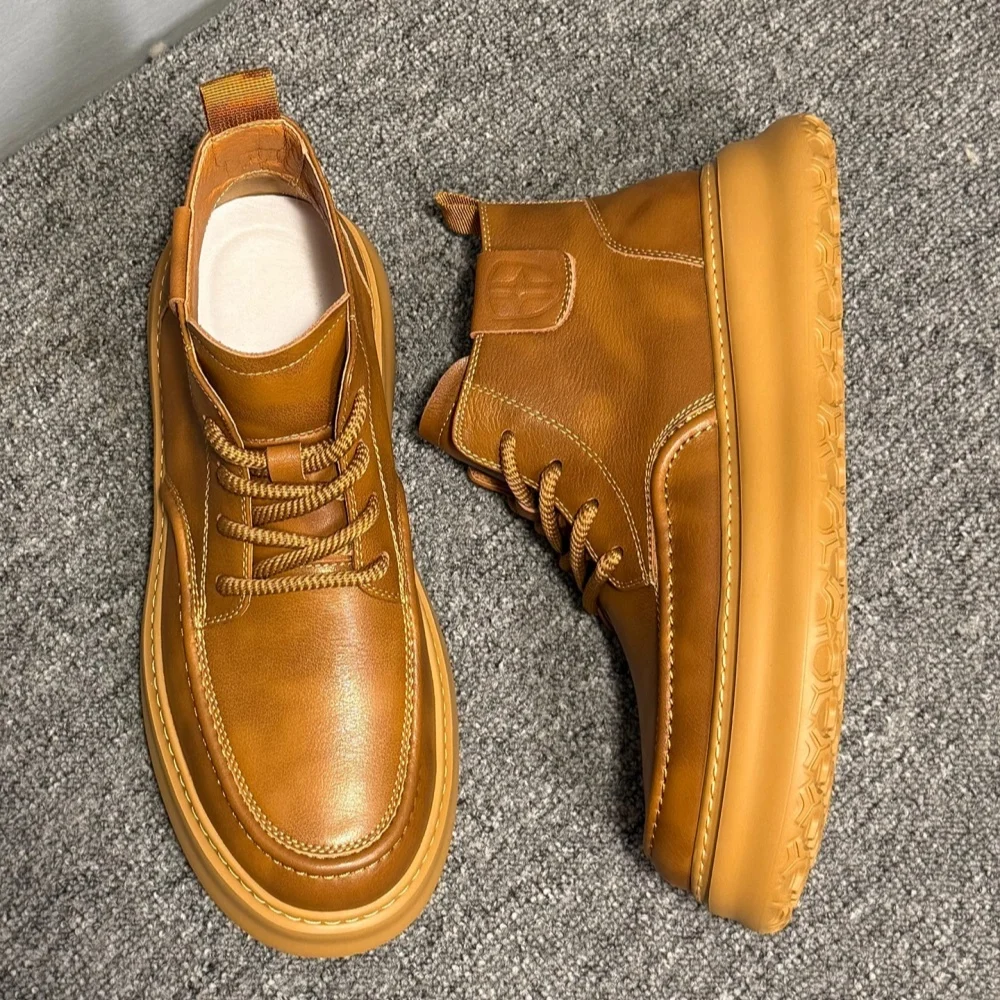 QHCCID Men's Retro High-Top Street Style Shoes Handmade Genuine Cowhide Leather Upper Lace-Up Boot men’s shoes