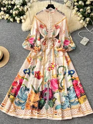 Spring France Elegant Vintage Luxury Evening Dress Women Print Tying Button Long Party Dress Female Casual Holiday Clothing New