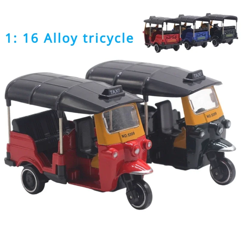 1:16 Alloy Tricycle Retro Model Car Red Blue Black Model Cake Ornaments Gift Toys Rebound Vehicle Sliding Power Vehicle