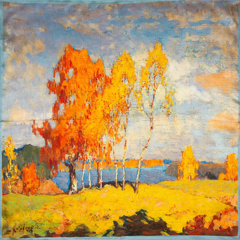 

53 см 100% натуральный шелк, женский шарф, женская зимняя шаль, картина маслом, озеро, деревья, мужской креативный квадратный дизайнерский подарок для друзей