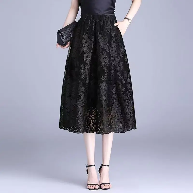 Women's Skirt High Waist Lace Embroidered Midi Female Skirts A Line Quality Stylish New in Chic and Elegant Harajuku Cheap V