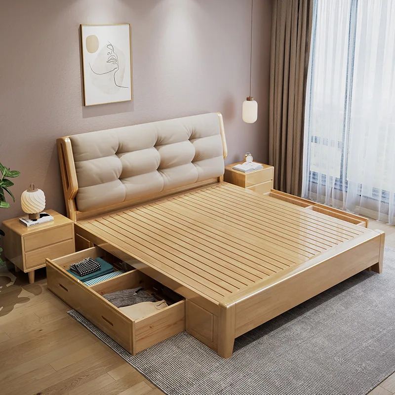 Nordic solid wood soft cloud bed, Japanese master bedroom 1.8m double bed, log 1.2 single, wabi sandy wind