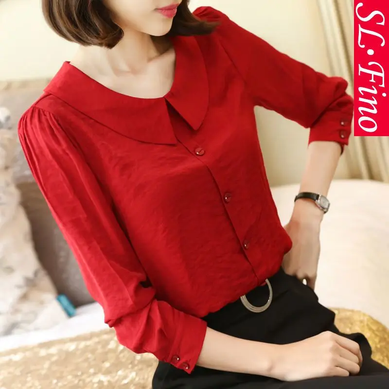 2023 Spring Autumn New Solid Color Shirt Women Fashion Doll Collar Long Sleeve Button Blouse Elegant Cute Casual All-match Tops