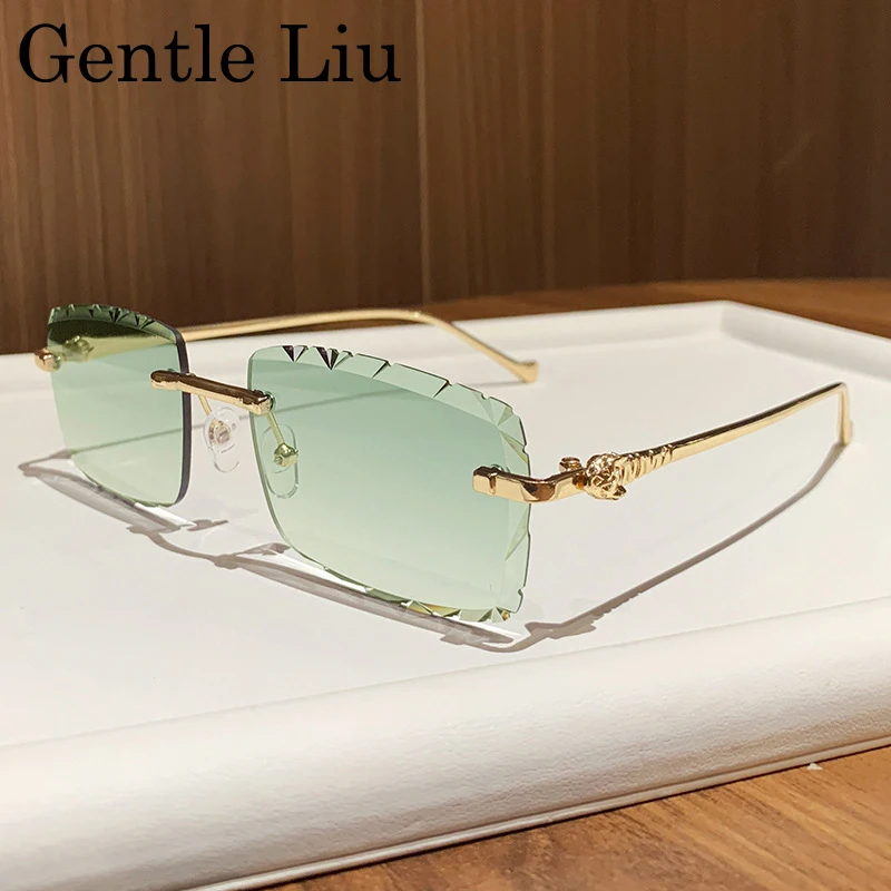 Fashion Small Rectangle Rimless Sunglasses Men 2025 Luxury Brand Square Frameless Metal Frame Cut Edge Eyewear For Male Shades